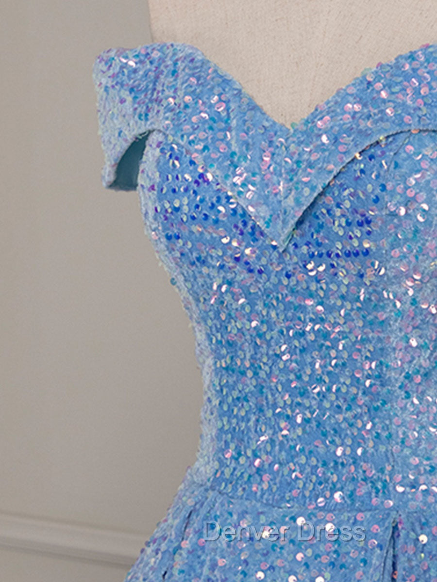 A-Line Sweetheart Neck Velvet Sequin Blue Long Prom Dresses, Blue Formal Dresses