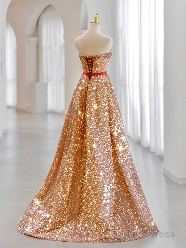 A Line Sweetheart Neck Velvet Sequin Champagne Gold Long Prom Dresses Secondary image