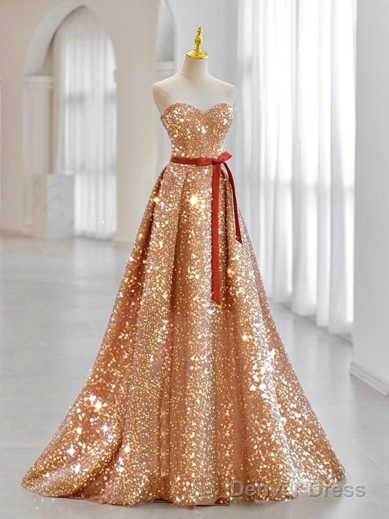 A Line Sweetheart Neck Velvet Sequin Champagne Gold Long Prom Dresses Main image
