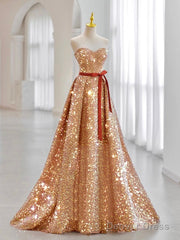A-Line Sweetheart Neck Velvet Sequin Champagne Gold Long Prom Dress