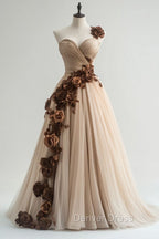 A-Line Sweetheart Neckline Tulle Applique Long Prom Dresses, Vintage Evening Gown