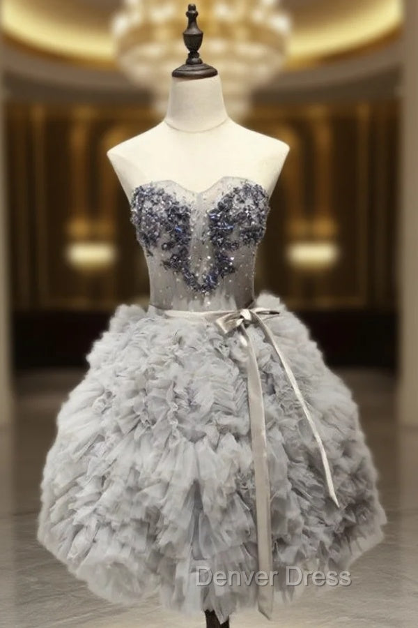 A-Line Sweetheart Short Tulle Silver Ruched Homecoming Dresses with Beading