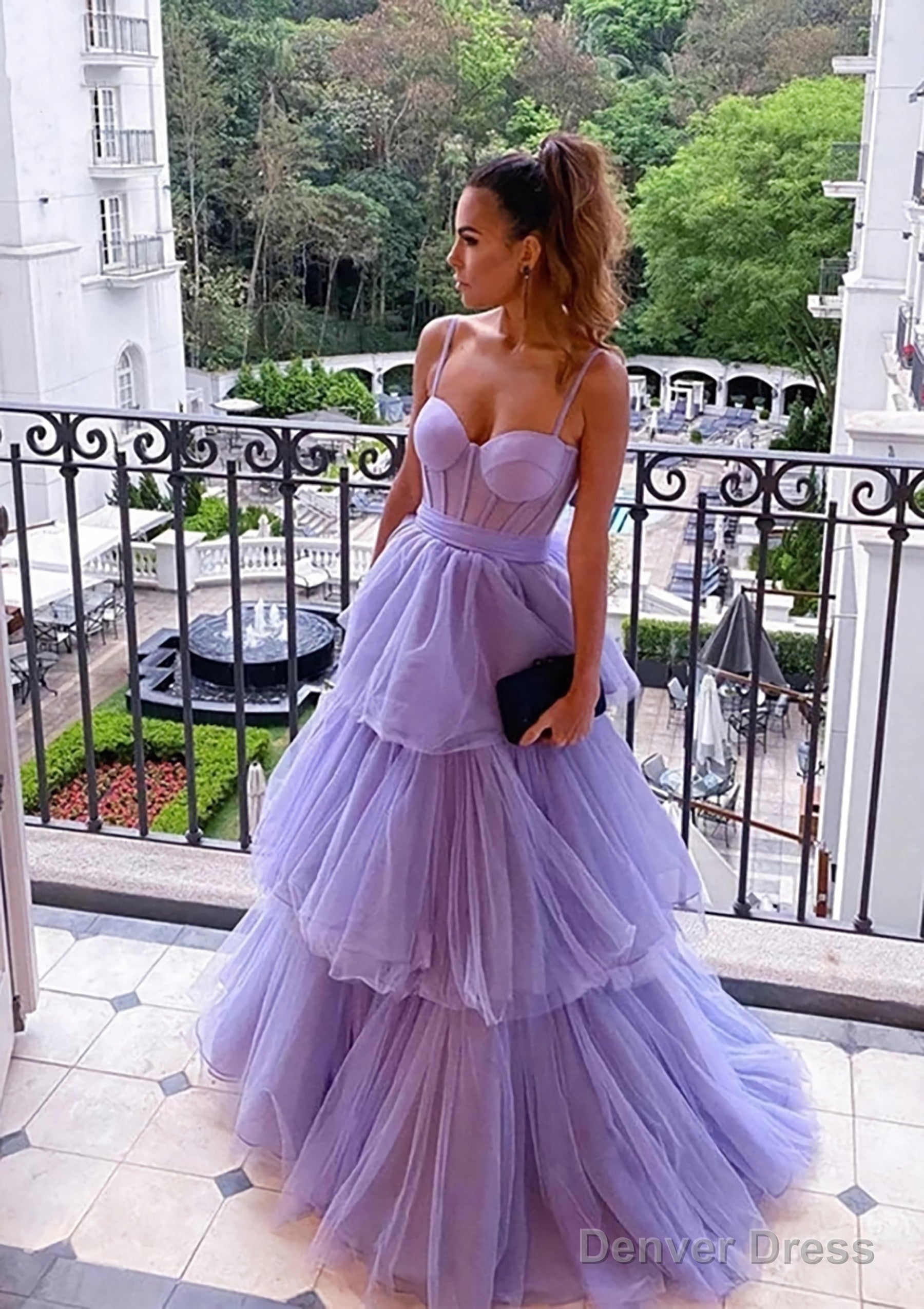 A-line Sweetheart Sleeveless Long/Floor-Length Tulle Prom Dresses With Ruffles Main image