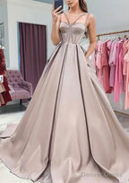 A-line Sweetheart Sleeveless Satin Sweep Train Prom Dresses With Pockets