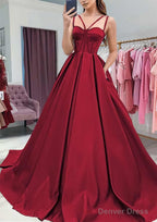 A Line Sweetheart Sleeveless Satin Sweep Train Prom Dresses With Pockets