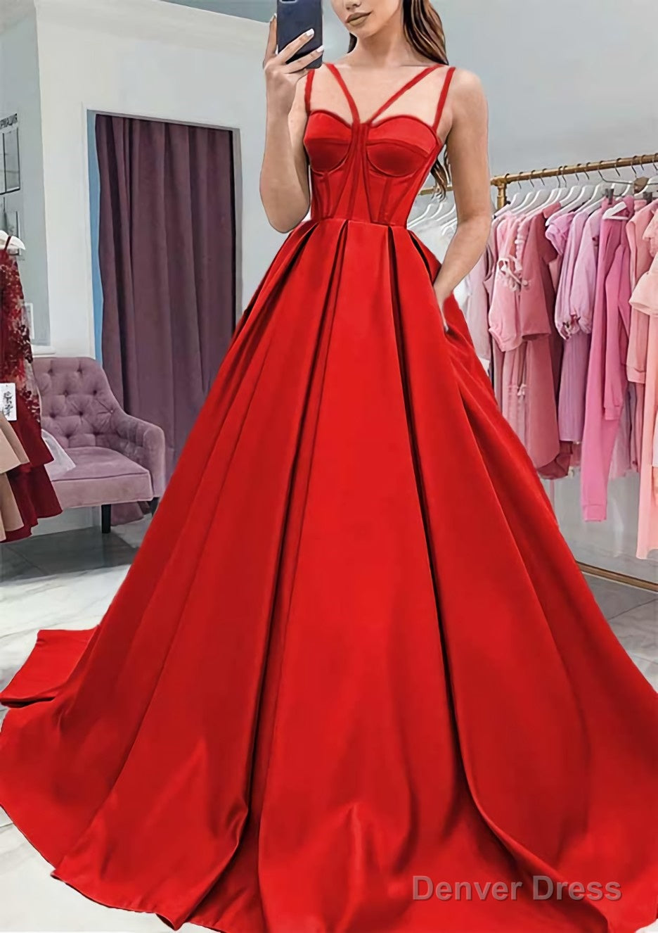 A Line Sweetheart Sleeveless Satin Sweep Train Prom Dresses With Pockets