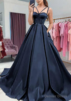 A-line Sweetheart Sleeveless Satin Sweep Train Prom Dresses With Pockets
