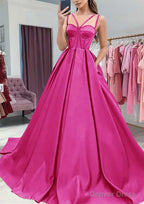 A Line Sweetheart Sleeveless Satin Sweep Train Prom Dresses With Pockets