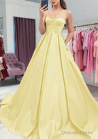 A-line Sweetheart Sleeveless Satin Sweep Train Prom Dresses With Pockets