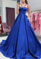 A Line Sweetheart Sleeveless Satin Sweep Train Prom Dresses With Pockets