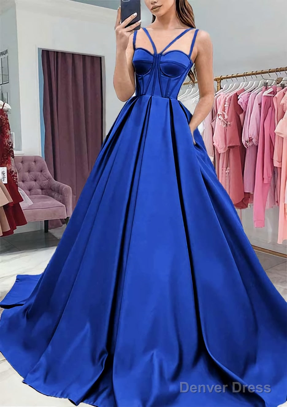 A Line Sweetheart Sleeveless Satin Sweep Train Prom Dresses With Pockets