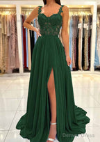 A Line Sweetheart Sleeveless Sweep Train Chiffon Prom Dresses With Appliqued Split
