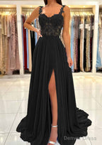 A Line Sweetheart Sleeveless Sweep Train Chiffon Prom Dresses With Appliqued Split