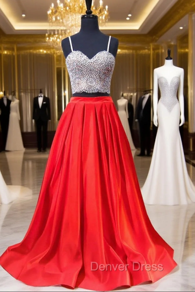 A-line Sweetheart Spaghetti Strap Satin Red Two Piece Prom Dresses