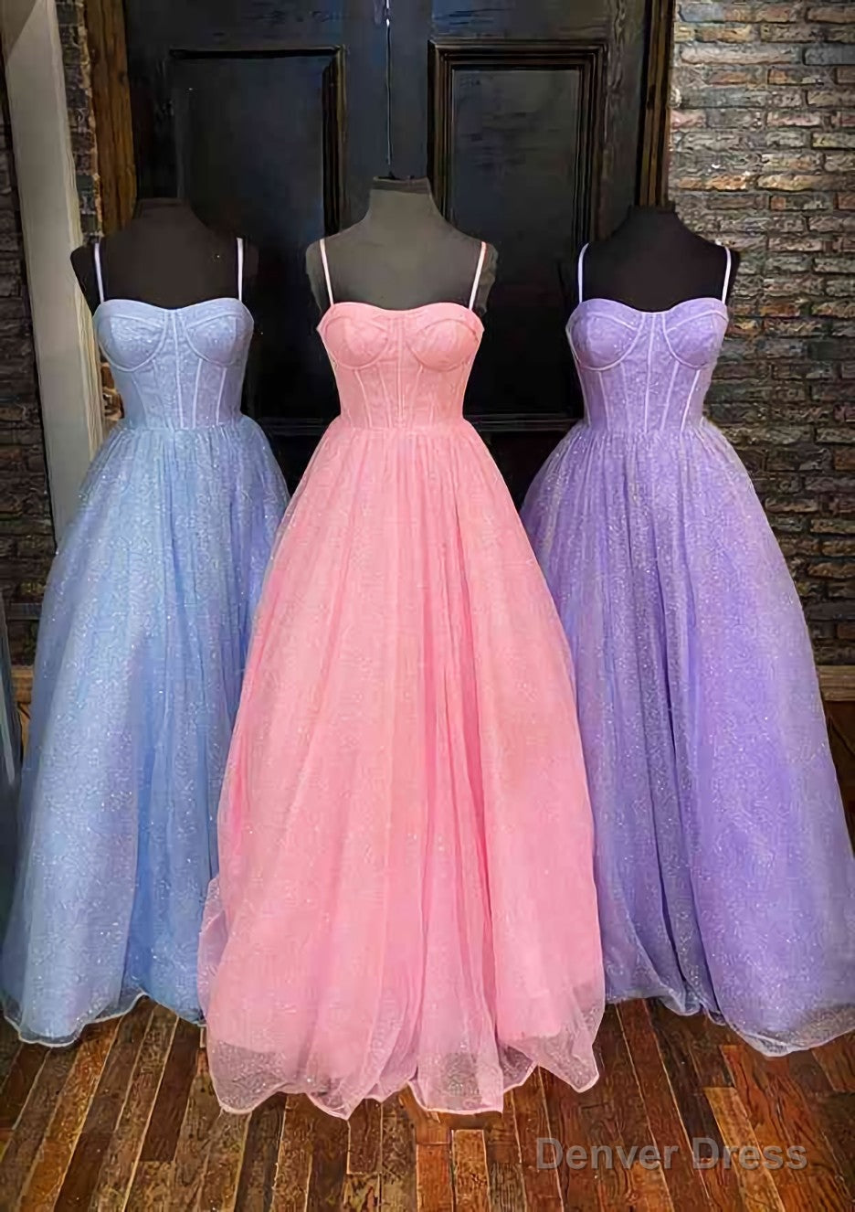 A-line Sweetheart Spaghetti Straps Long/Floor-Length Glitter Prom Dresses With Pockets Main image
