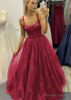 A Line Sweetheart Spaghetti Straps Long Floor Length Tulle Glitter Prom Dresses