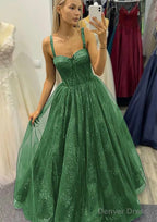 A Line Sweetheart Spaghetti Straps Long Floor Length Tulle Glitter Prom Dresses