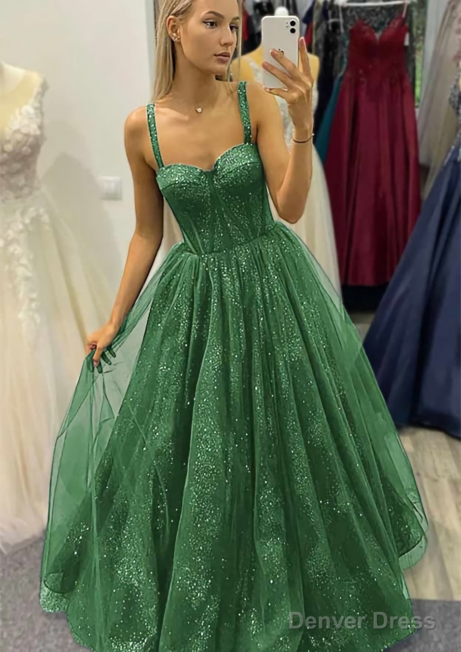 A Line Sweetheart Spaghetti Straps Long Floor Length Tulle Glitter Prom Dresses