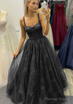 A Line Sweetheart Spaghetti Straps Long Floor Length Tulle Glitter Prom Dresses