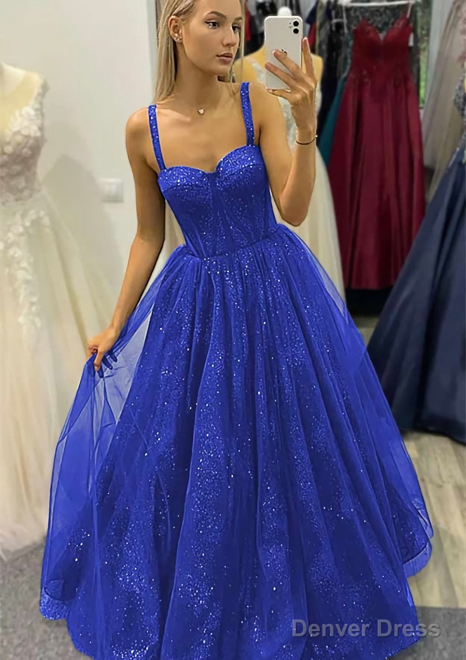 A Line Sweetheart Spaghetti Straps Long Floor Length Tulle Glitter Prom Dresses