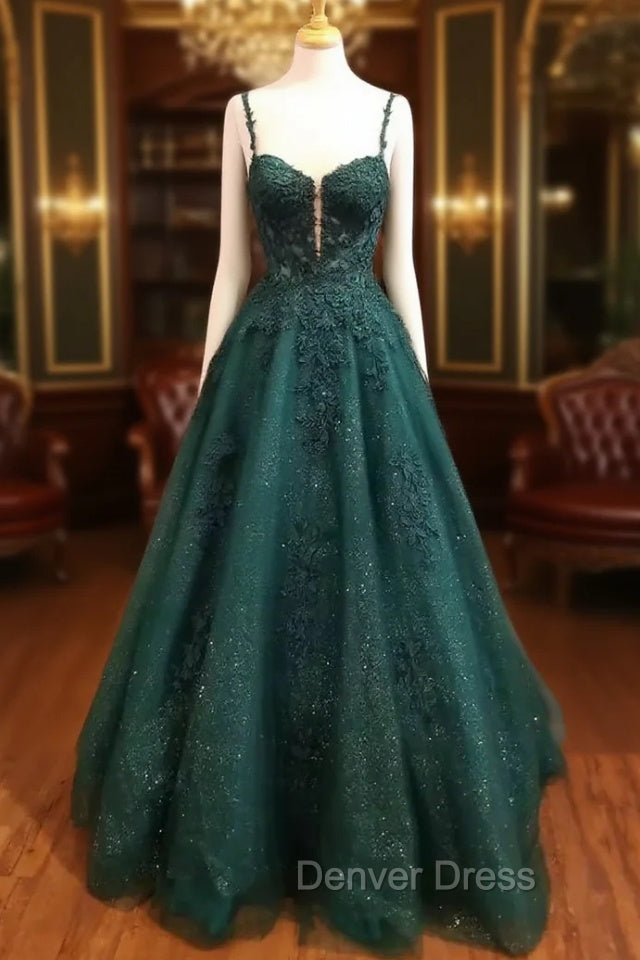 Dark Green Prom Dresses, A-line Sweetheart Spaghetti Straps Long/Floor-Length Tulle Prom Dresses With Beading Glitter Appliqued Main image