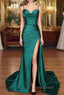 A-line Sweetheart Spaghetti Straps Sweep Train Silk like Satin Ruched Prom Dresses- Prom Dresses