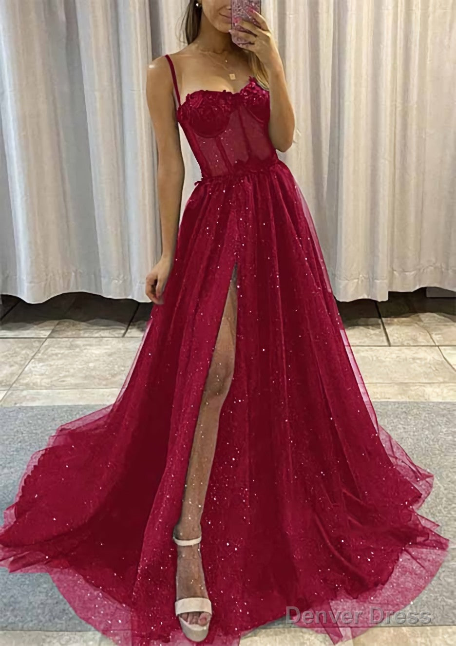 A Line Sweetheart Spaghetti Straps Sweep Train Tulle Glitter Prom Dresses With Appliqued