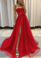 A-line Sweetheart Spaghetti Straps Sweep Train Tulle Glitter Prom Dresses With Appliqued