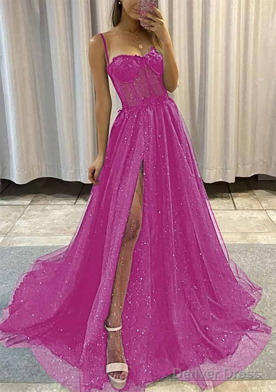 A Line Sweetheart Spaghetti Straps Sweep Train Tulle Glitter Prom Dresses With Appliqued