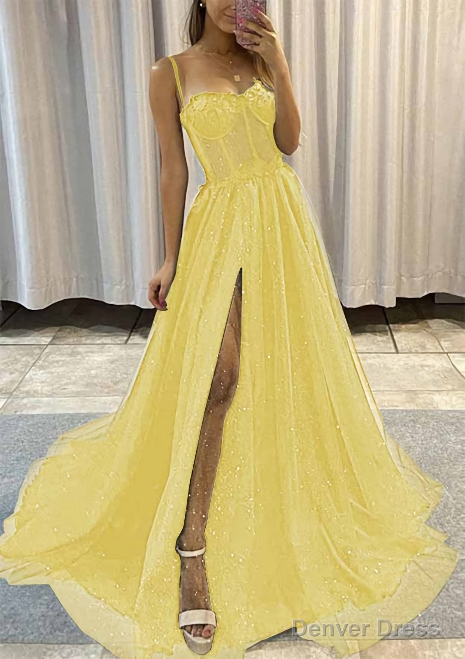 A Line Sweetheart Spaghetti Straps Sweep Train Tulle Glitter Prom Dresses With Appliqued