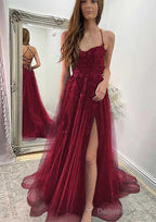 A-line Sweetheart Spaghetti Straps Sweep Train Tulle Prom Dresses With Appliqued Split