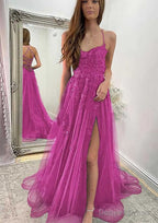 A Line Sweetheart Spaghetti Straps Sweep Train Tulle Prom Dresses With Appliqued Split