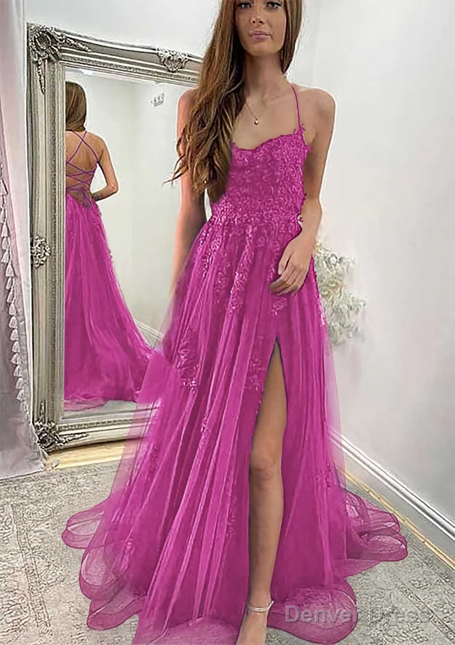 A Line Sweetheart Spaghetti Straps Sweep Train Tulle Prom Dresses With Appliqued Split
