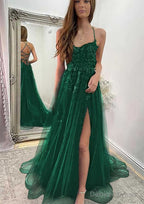A Line Sweetheart Spaghetti Straps Sweep Train Tulle Prom Dresses With Appliqued Split