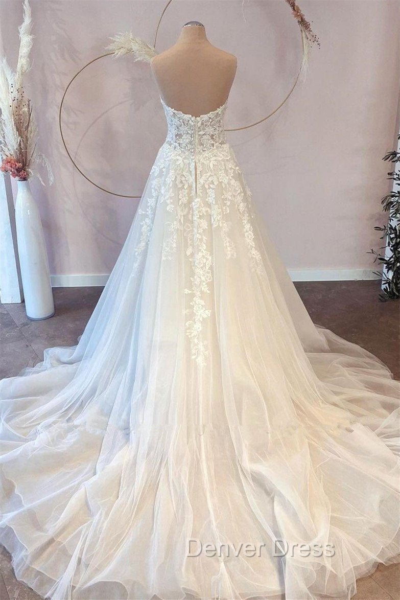 A Line Sweetheart Strapless Floor Length Sleeveless Backless Appliques Lace Wedding Dresses