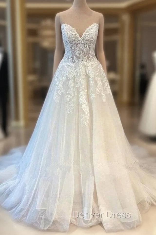 A-Line Sweetheart Strapless Floor-length Sleeveless Backless Appliques Lace Wedding Dresses Main image