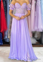 A Line Sweetheart Strapless Long Floor Length Chiffon Prom Dresses with Detachable Balloon Sleeves