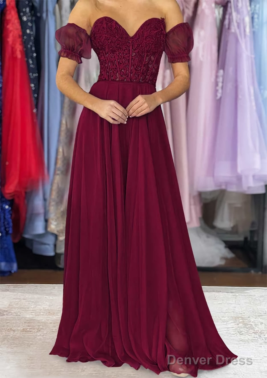 A Line Sweetheart Strapless Long Floor Length Chiffon Prom Dresses with Detachable Balloon Sleeves