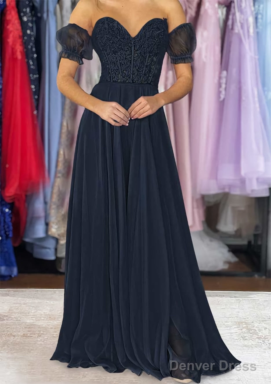 A Line Sweetheart Strapless Long Floor Length Chiffon Prom Dresses with Detachable Balloon Sleeves