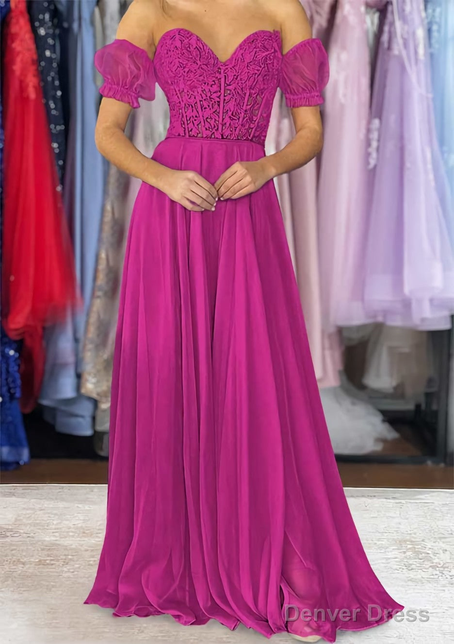 A Line Sweetheart Strapless Long Floor Length Chiffon Prom Dresses with Detachable Balloon Sleeves