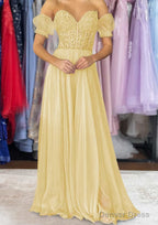 A Line Sweetheart Strapless Long Floor Length Chiffon Prom Dresses with Detachable Balloon Sleeves