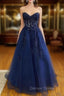 A-line Sweetheart Strapless Long/Floor-Length Tulle Prom Dresses With Appliqued Sequins Glitter