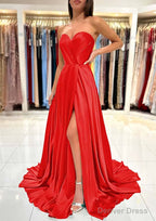 A-line Sweetheart Strapless Sweep Train Charmeuse Prom Dresses With Pleated Split