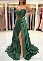 A Line Sweetheart Strapless Sweep Train Charmeuse Prom Dresses With Pleated Split