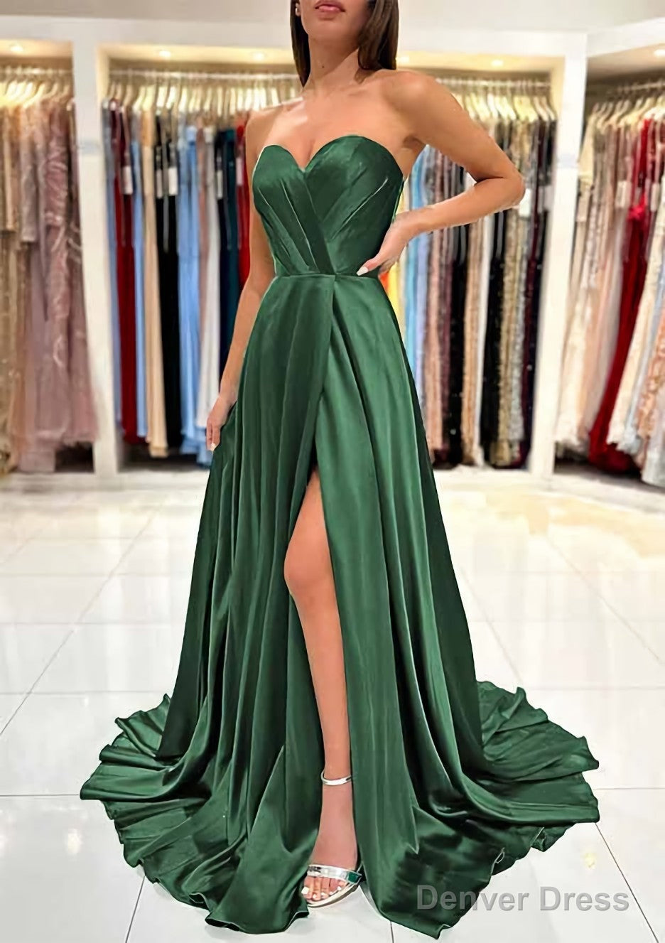A Line Sweetheart Strapless Sweep Train Charmeuse Prom Dresses With Pleated Split