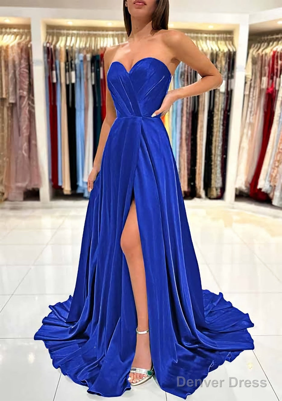 A-line Sweetheart Strapless Sweep Train Charmeuse Prom Dresses With Pleated Split