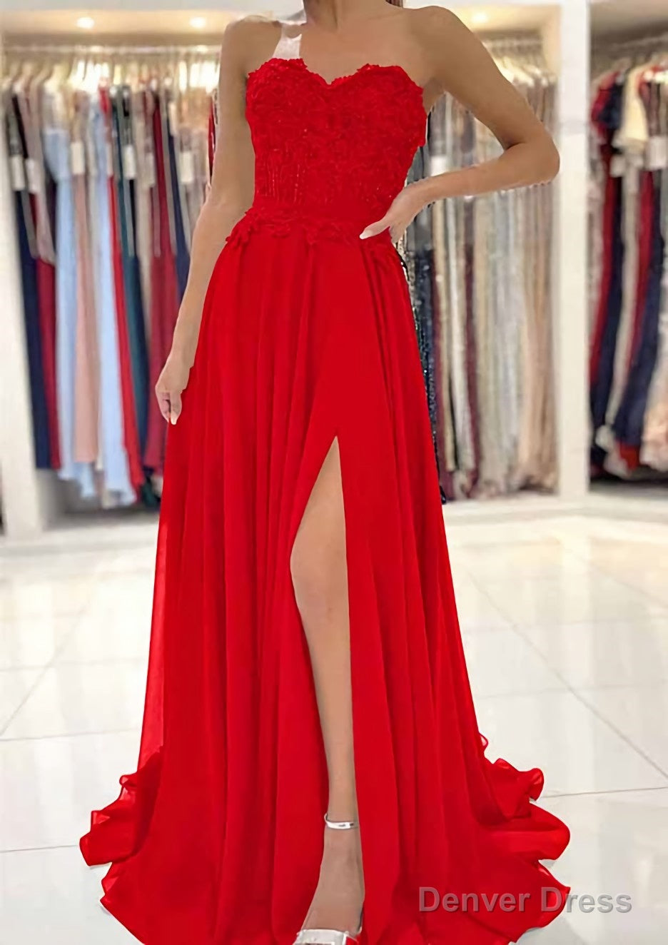 A Line Sweetheart Sweep Train Chiffon Prom Dresses With Lace Beading Split