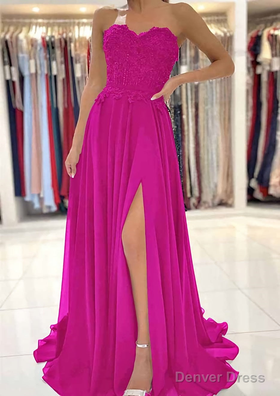 A Line Sweetheart Sweep Train Chiffon Prom Dresses With Lace Beading Split