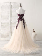 A Line Sweetheart Tulle Lace Applique Burgundy Long Prom Dress, Bridesmaid Dresses