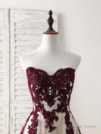 A Line Sweetheart Tulle Lace Applique Burgundy Long Prom Dress, Bridesmaid Dresses